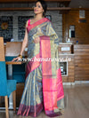 Banarasee Handwoven Contrast Border Saree With Self Weaving Design-Grey