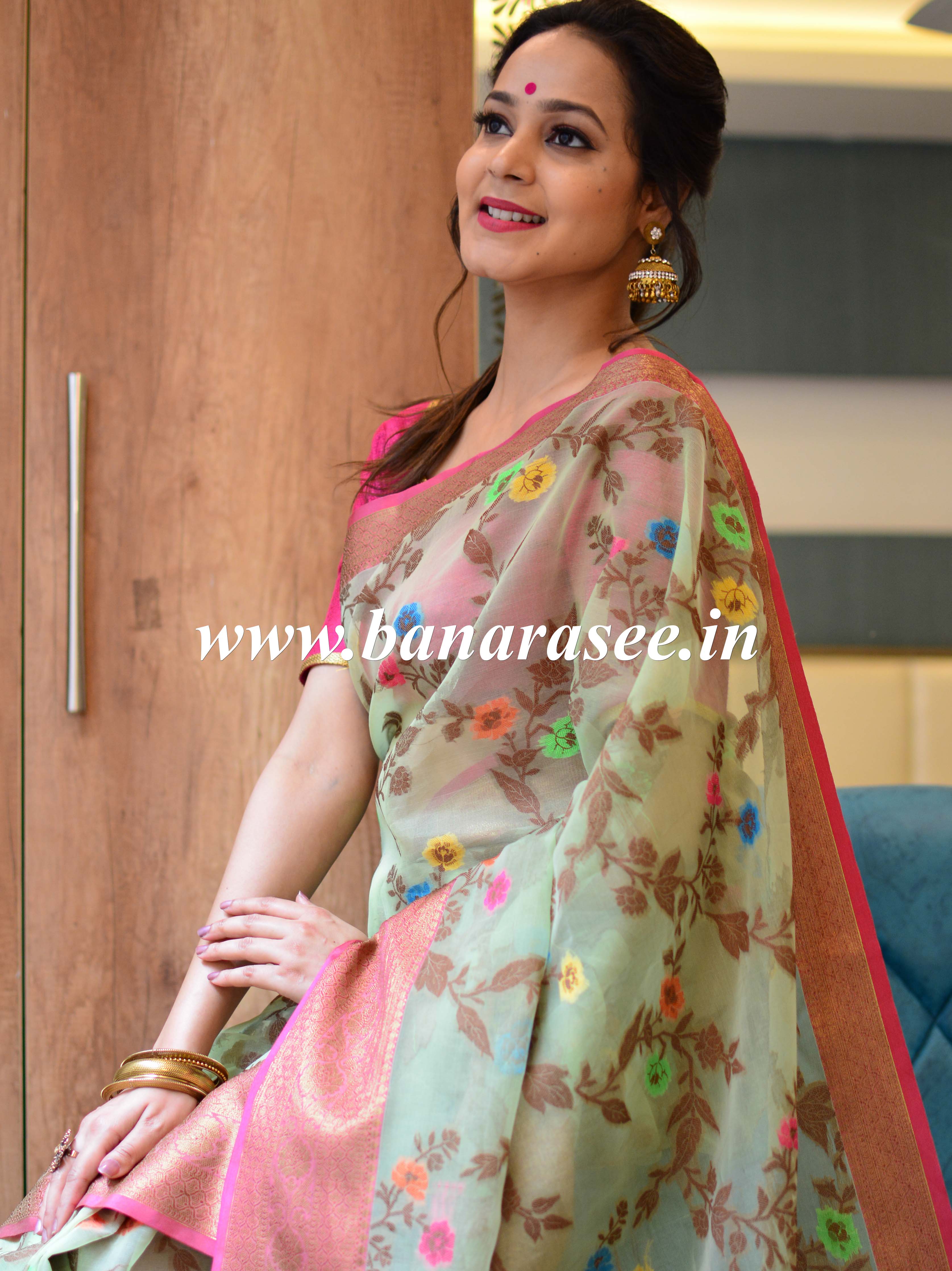 Banarasee Organza Mix Saree With Jaal Design & Floral Border-Green
