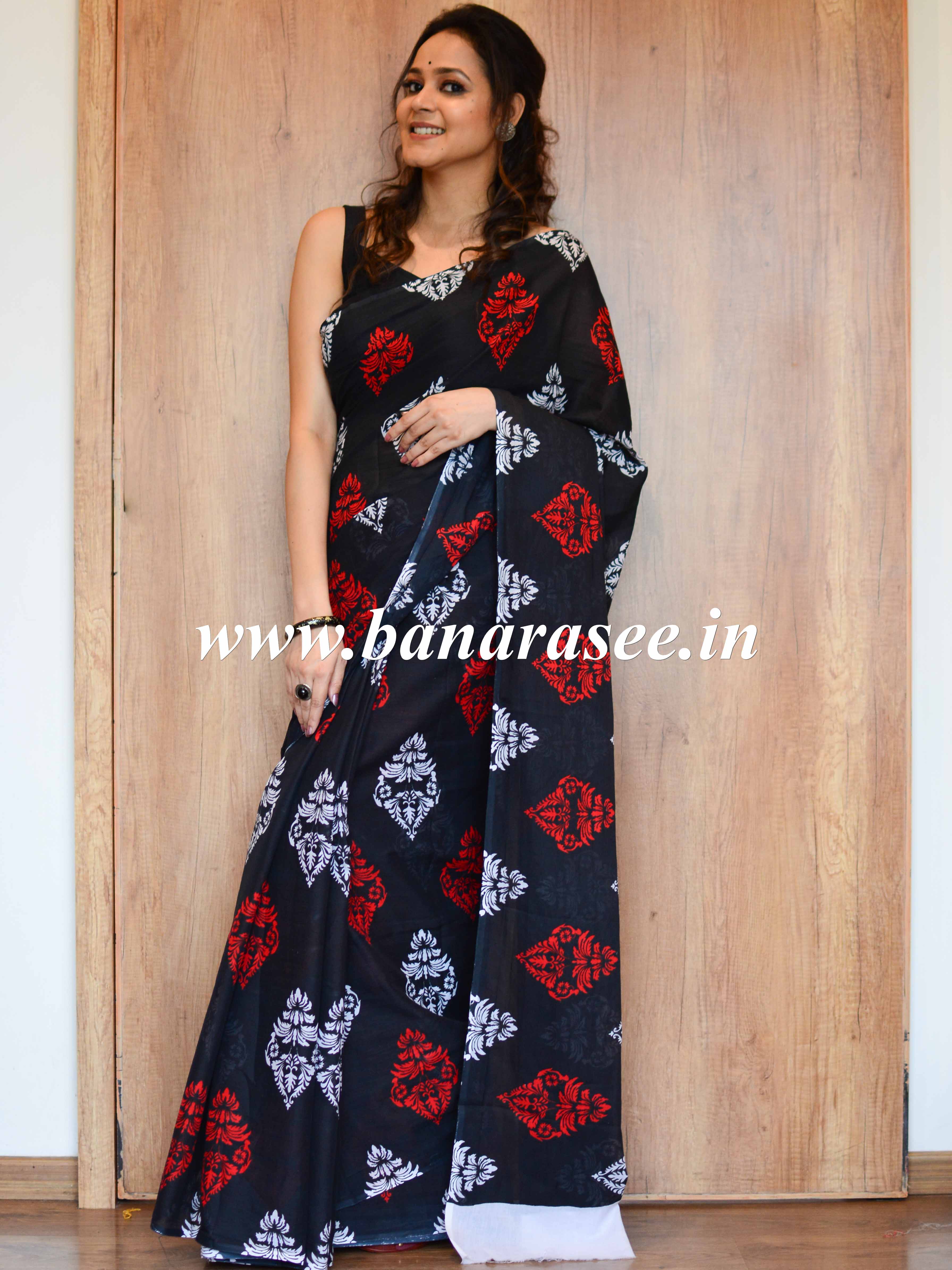 Handloom Mul Cotton Block Print Saree-Black