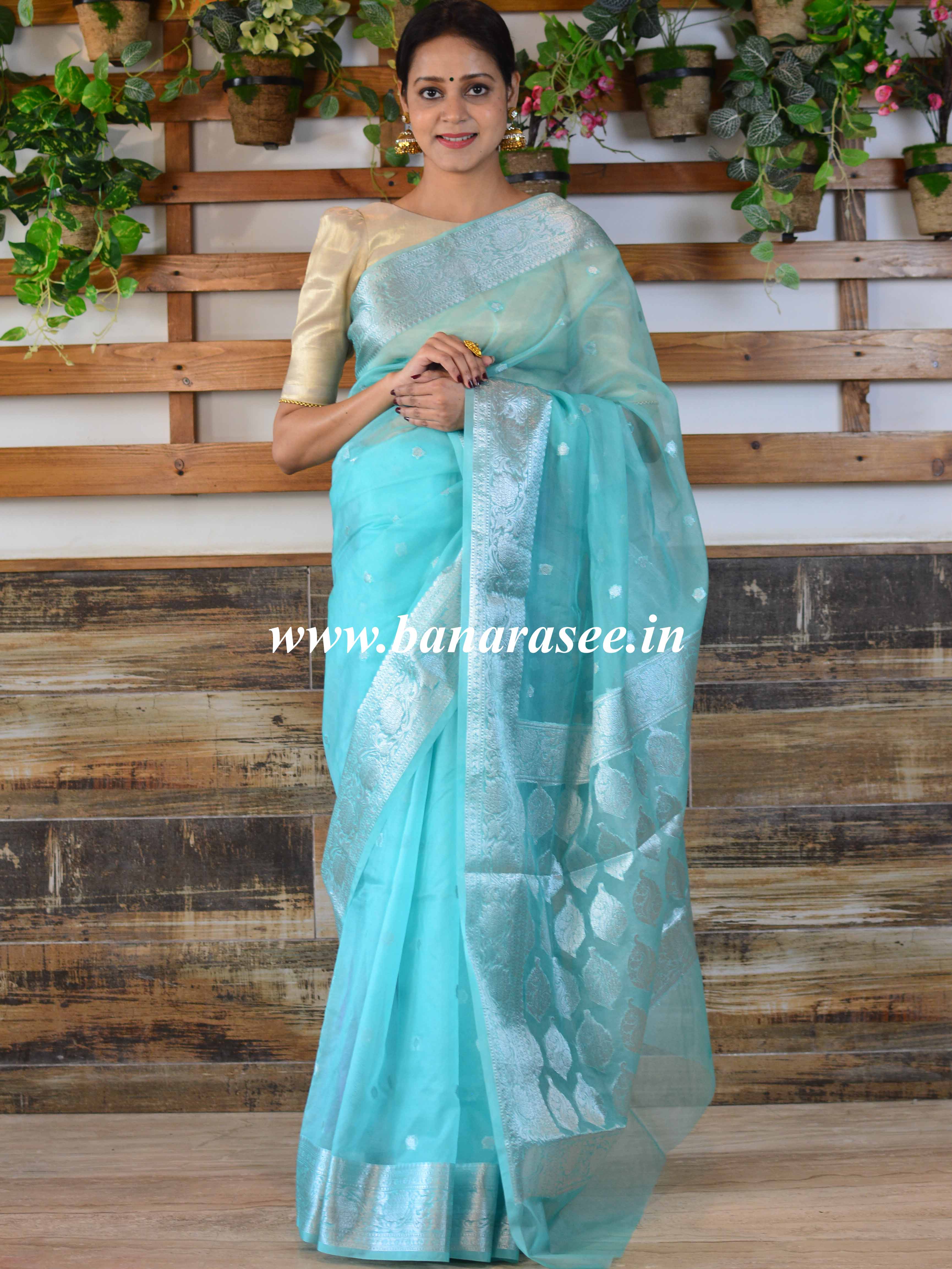Banarasee Organza Mix Saree With Silver Zari-Sea Green