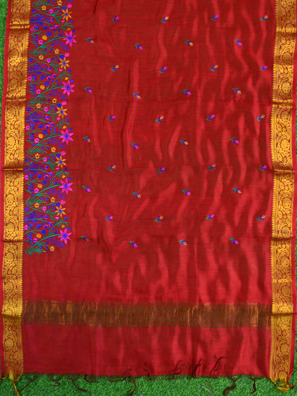 Banarasee Handwoven Zari motif Semi-Silk Salwar Kameez Fabric & Pure Silk Embroidered Dupatta-Maroon