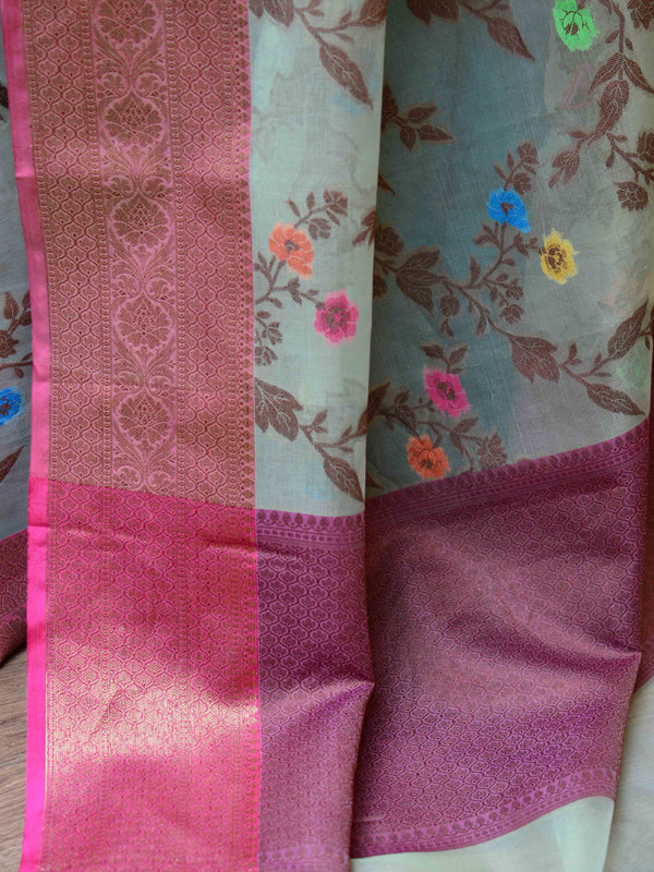 Banarasee Organza Mix Saree With Jaal Design & Floral Border-Green