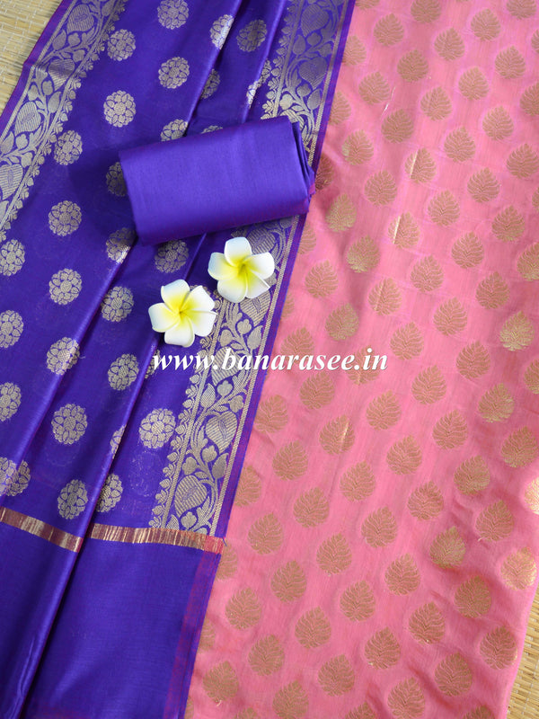 Banarasee Chanderi Cotton Buta Design Salwar Kameez Fabric With Contrast Dupatta-Purple & Pink