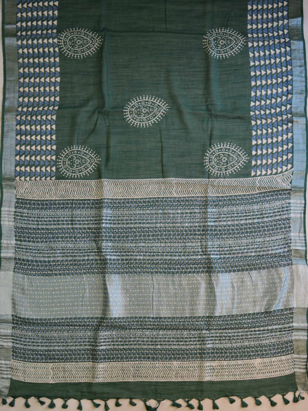 Banarasee Linen Cotton Bagru Hand-Block Printed Saree-Deep Green