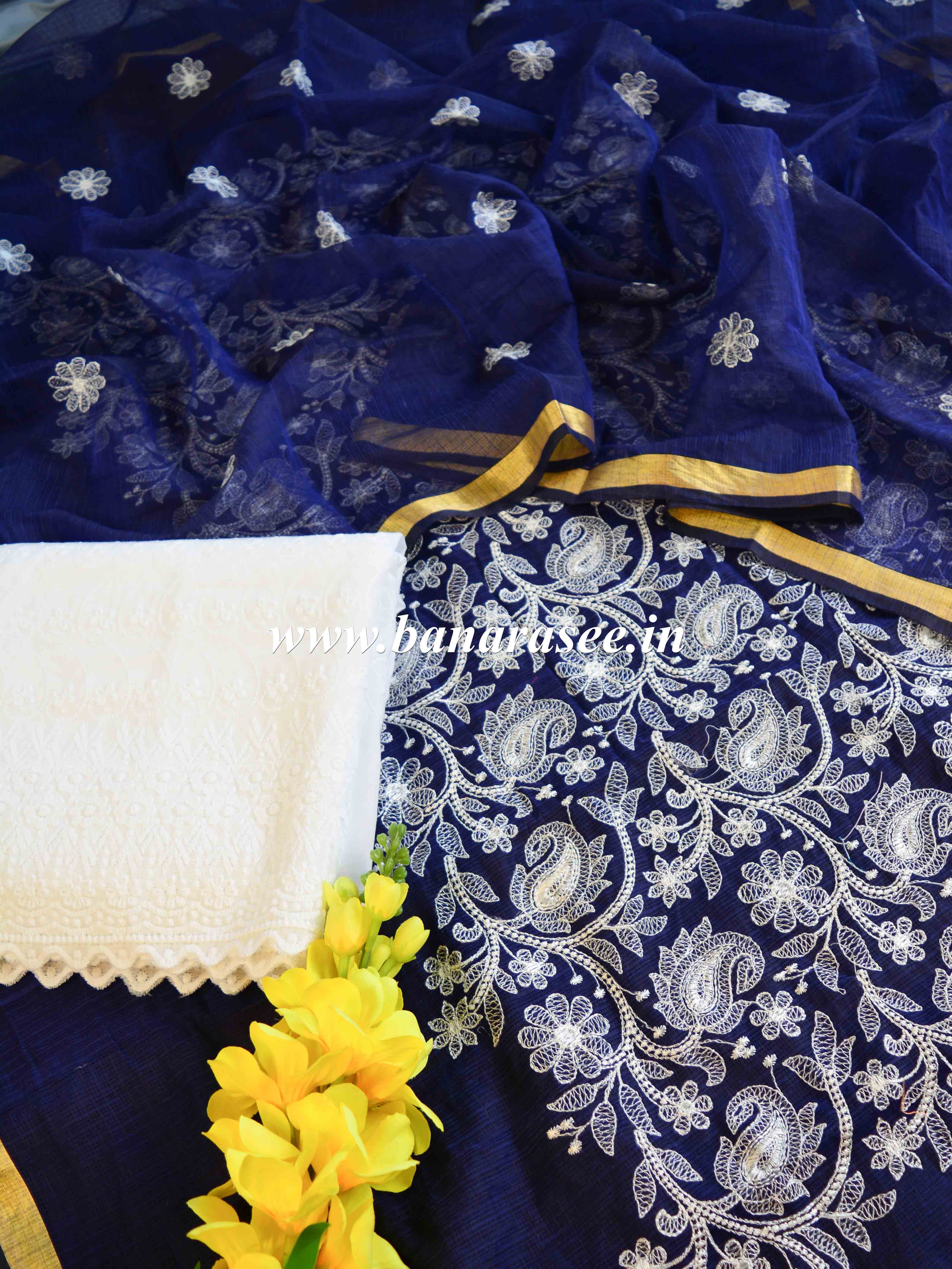 Banarasee Kota Doria Hand-Embroidered Salwar Kameez Dupatta Set-Blue