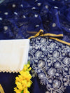 Banarasee Kota Doria Hand-Embroidered Salwar Kameez Dupatta Set-Blue