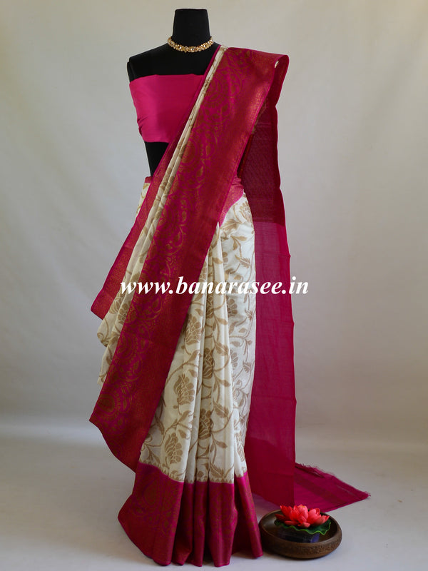 Banarasee Handwoven Semi Silk Saree With Contrast Border-White & Pink