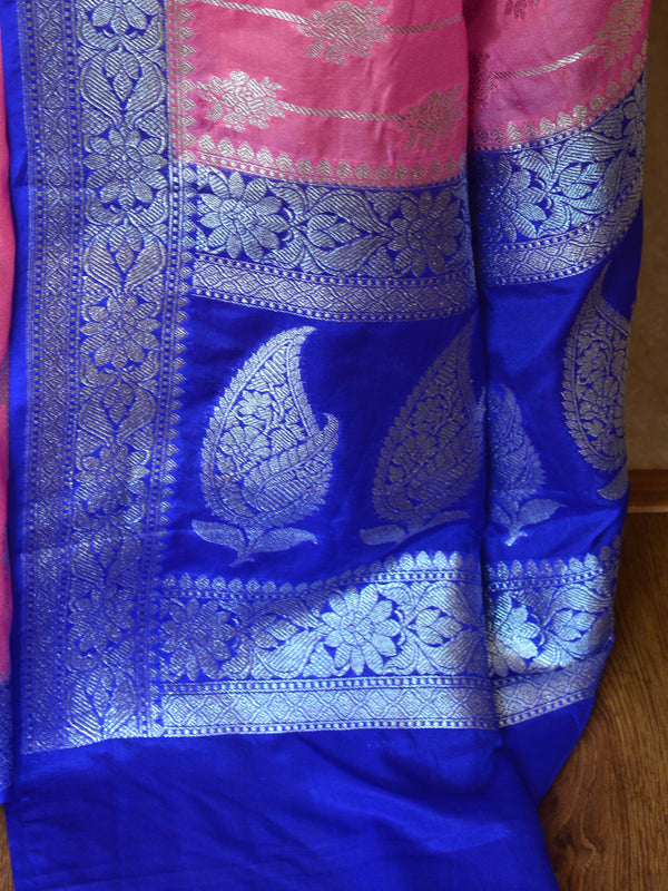 Banarasee Faux Georgette Saree With Silver Zari Jaal Work-Baby Pink & Blue