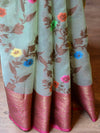 Banarasee Organza Mix Saree With Jaal Design & Floral Border-Green