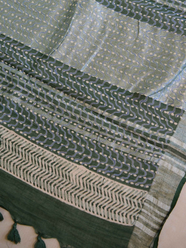 Banarasee Linen Cotton Bagru Hand-Block Printed Saree-Deep Green