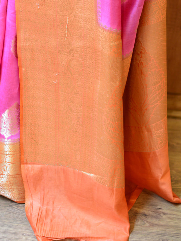 Banarasee Handwoven Pure Silk Cotton Saree With Antique Zari & & Border-Pink