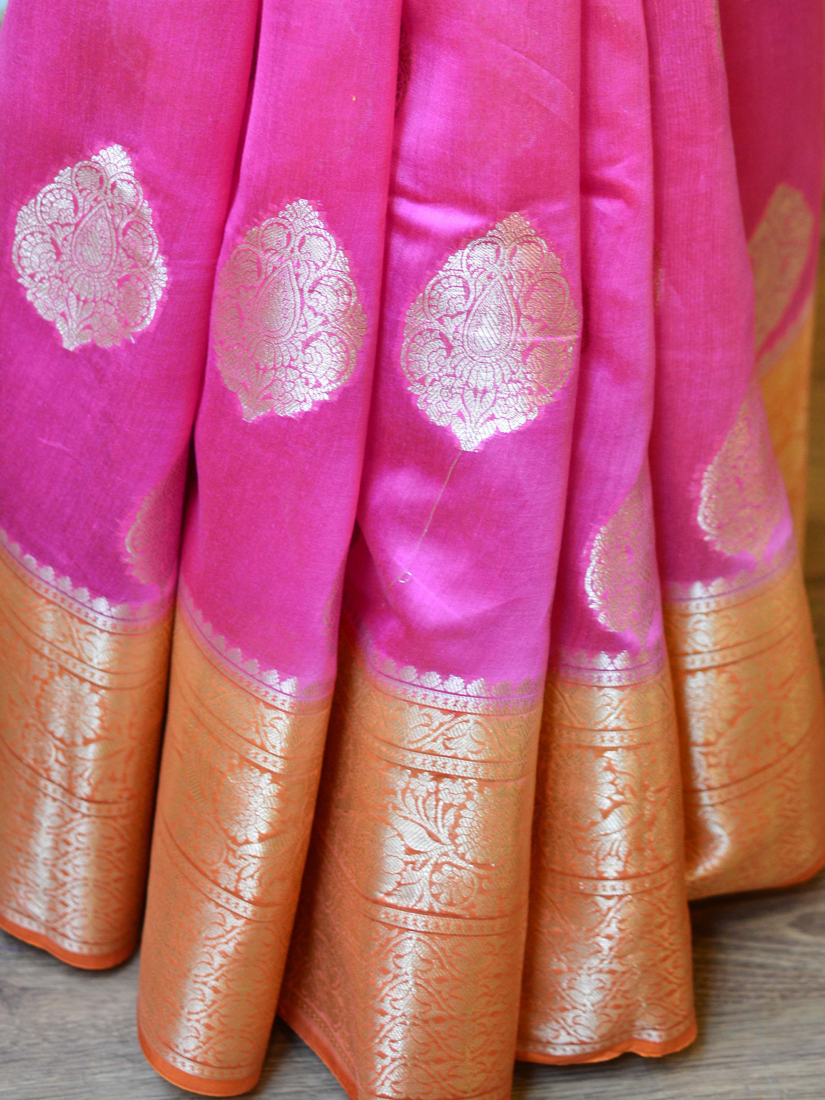 Banarasee Handwoven Pure Silk Cotton Saree With Antique Zari & & Border-Pink