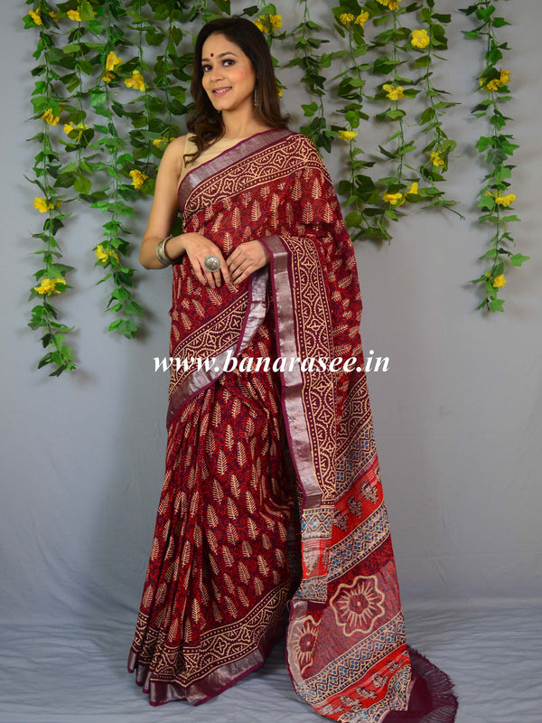 Banarasee Linen Cotton Bagru Hand-Block Printed Saree-Maroon