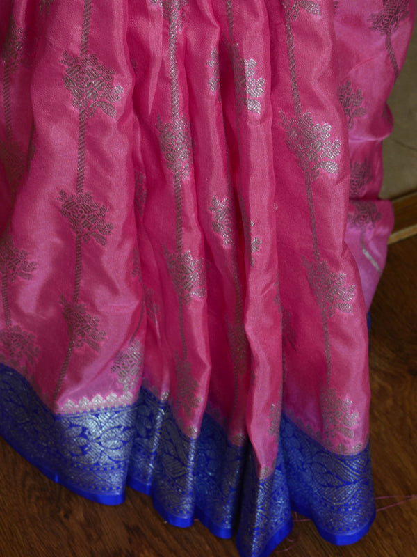 Banarasee Faux Georgette Saree With Silver Zari Jaal Work-Baby Pink & Blue