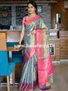 Banarasee Handwoven Contrast Border Saree With Self Weaving Design-Grey