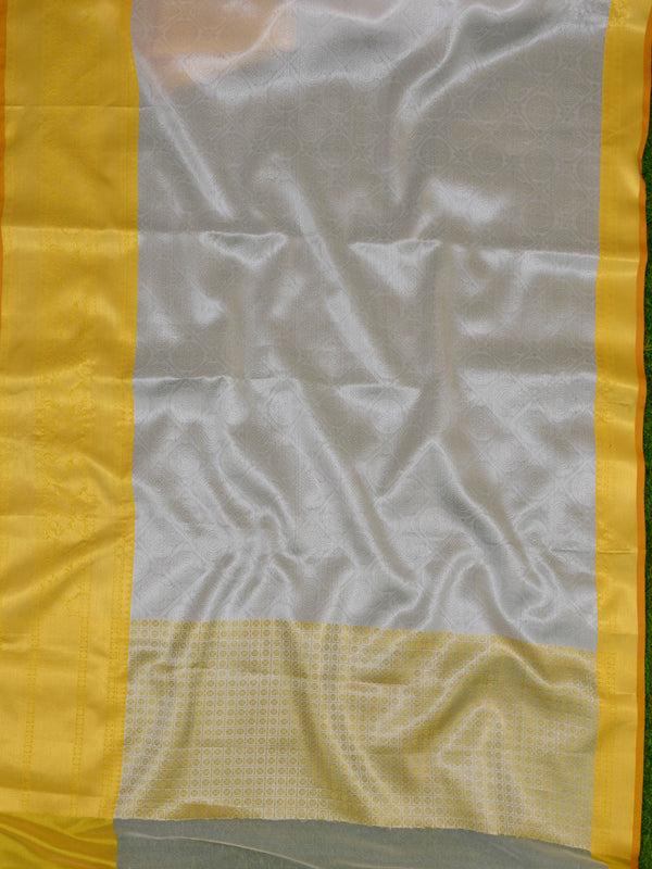 Banarasee Kora Muslin Saree With Tanchoi Weaving & Yellow Skirt Border-Silver