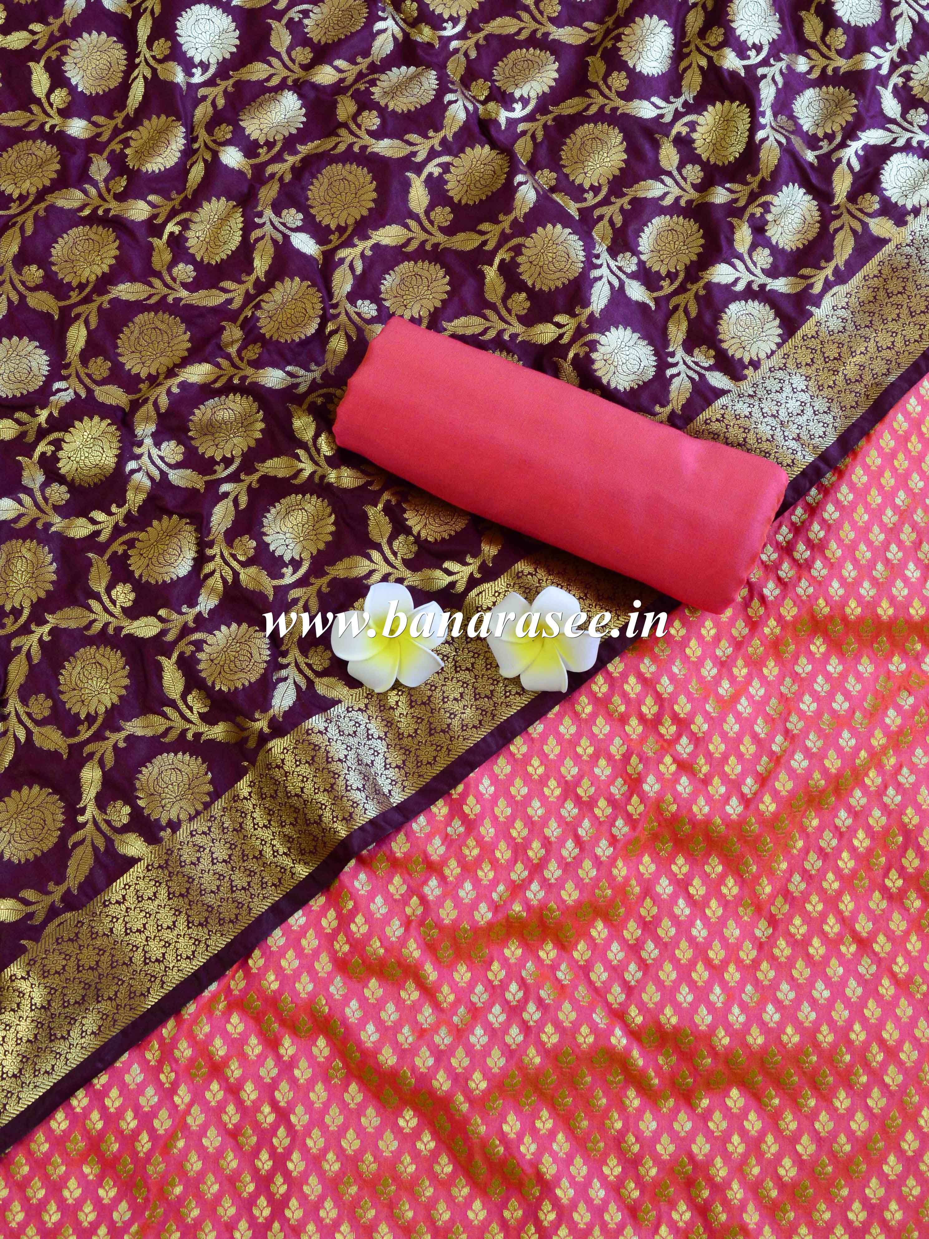 Banarasee Handwoven Semi Silk Salwar Kameez Fabric & Contrast Dupatta-Wine & Peach