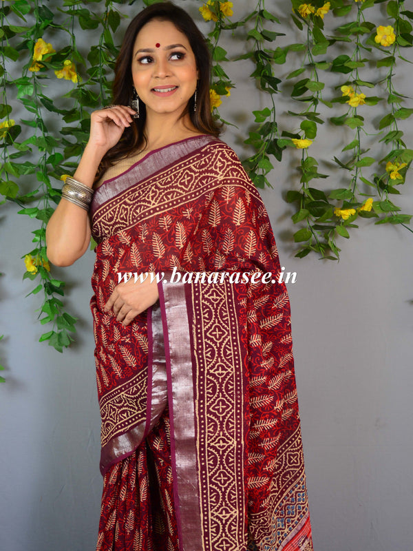 Banarasee Linen Cotton Bagru Hand-Block Printed Saree-Maroon