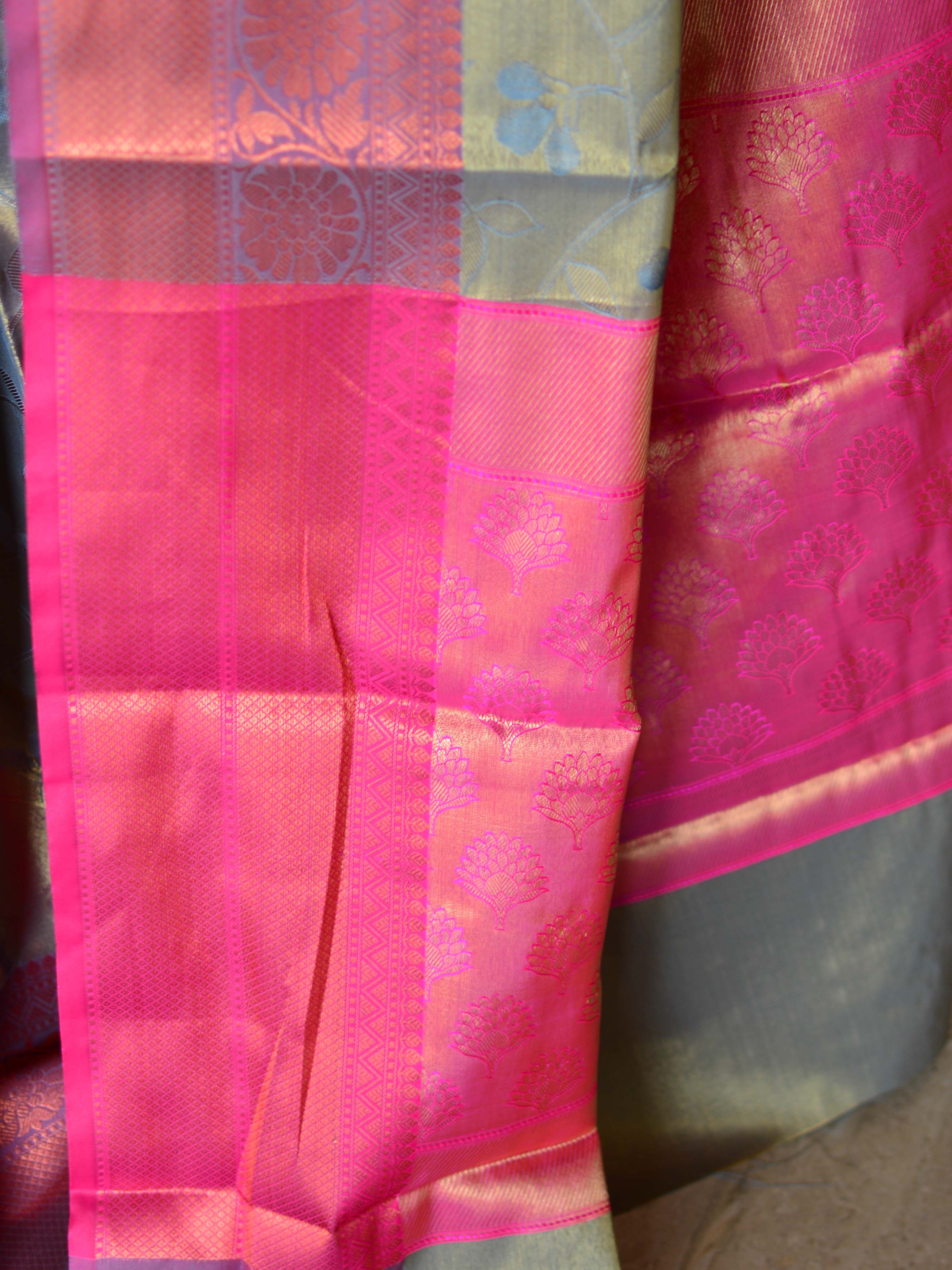 Banarasee Handwoven Contrast Border Saree With Self Weaving Design-Grey