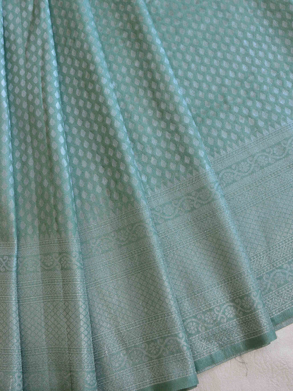Banarasee Kubera Pattu Soft Silk Saree With Silver Zari Work- Pastel Green