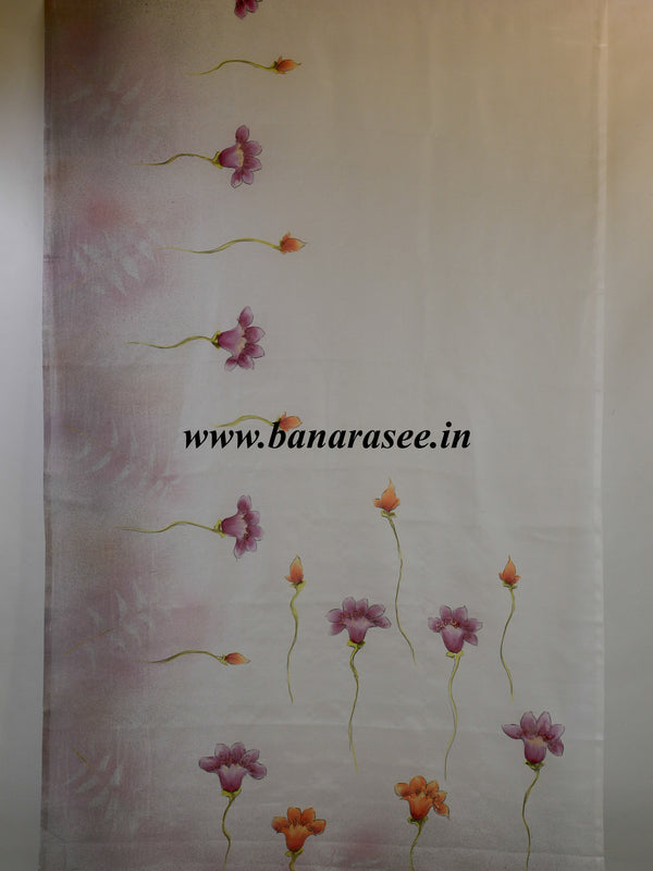 Banarasee Pure Organza Silk Saree With Hand-Paint Floral Design-White