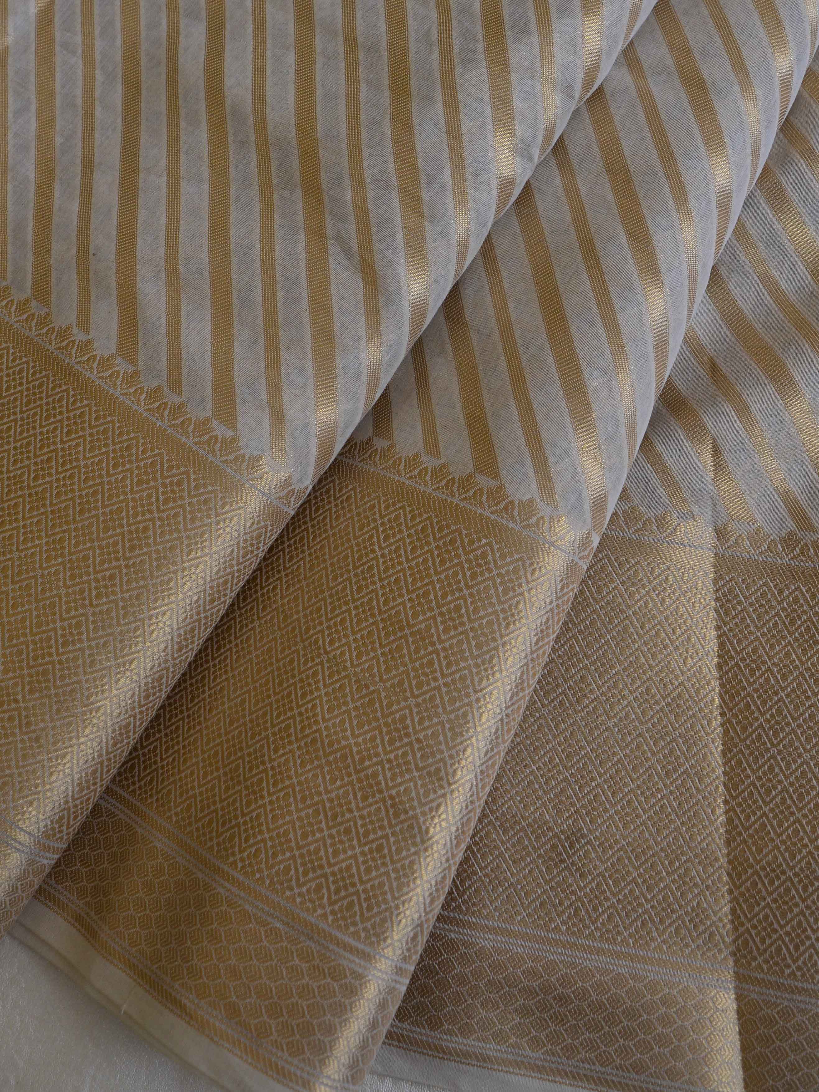 Banarasee Handwoven Pure Cotton Silk Saree With Zari Stripes & Border-Ivory White