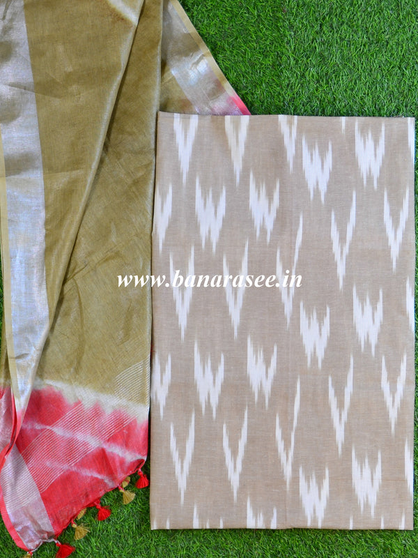 Bhagalpuri Pure Ikkat Kameez With Linen Cotton Shibori Dupatta-Beige