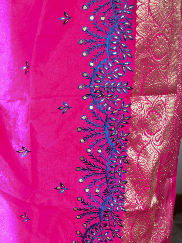 Banarasee Art Silk Salwar Kameez Fabric With Embroidered Chanderi Dupatta-Pink