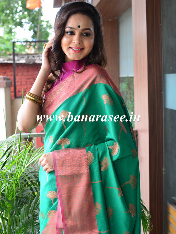 Banarasee Art Silk Saree With Buta Design & Contrast Broad Border-Green