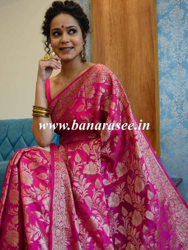 Banarasee Handwoven Semi-Chiffon Saree With Zari Floral Jaal Design-Pink