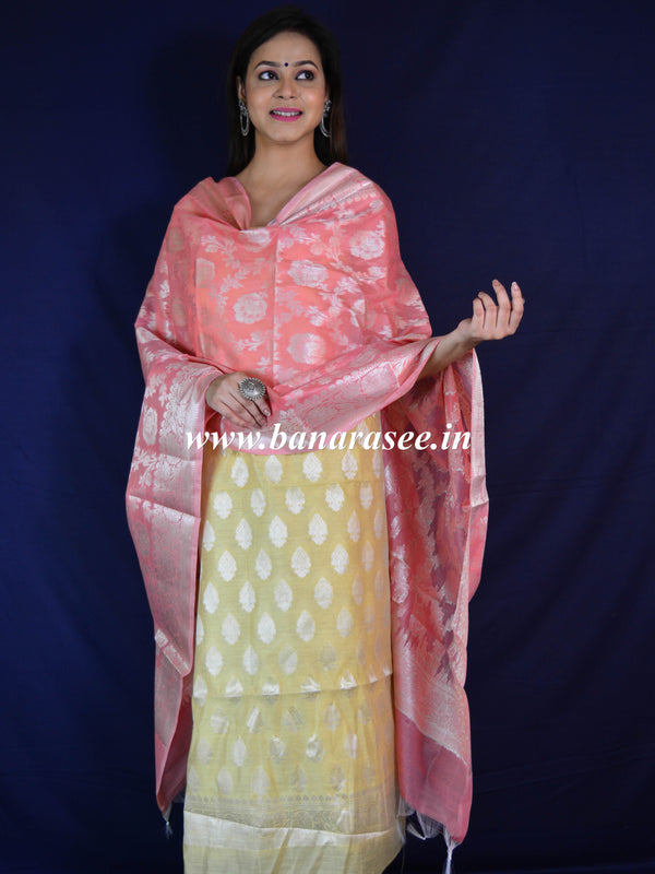 Banarasee Cotton Silk Salwar Kameez Fabric With Zari Work-Yellow & Peach