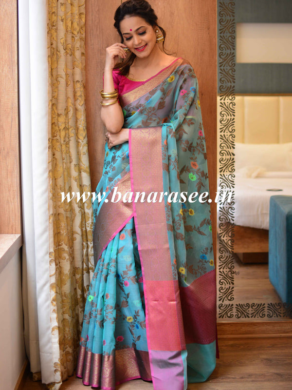Banarasee Organza Mix Saree With Jaal Design & Floral Border-Blue