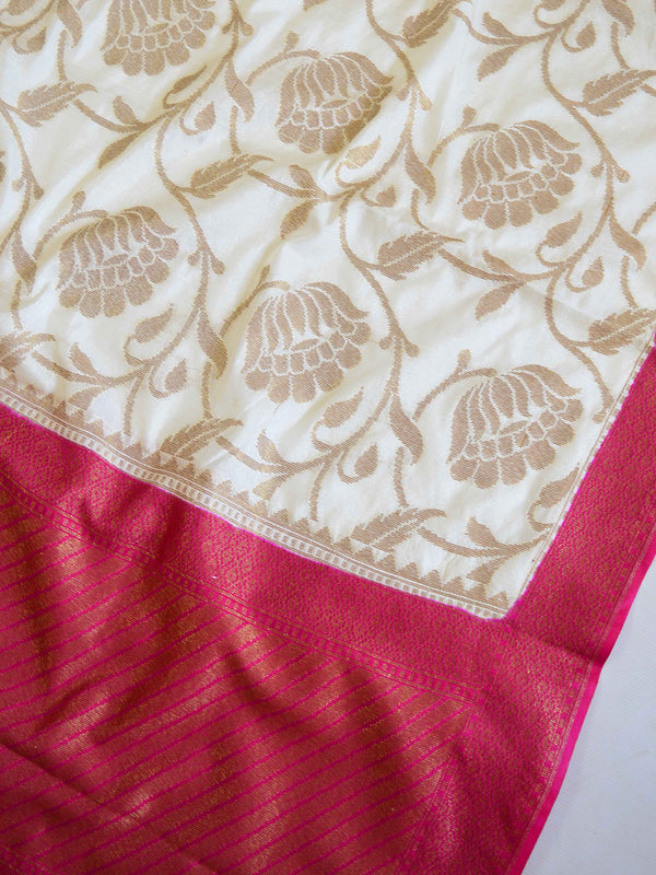 Banarasee Handwoven Semi Silk Saree With Contrast Border-White & Pink