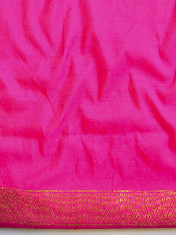 Banarasee Handwoven Semi Silk Saree With Contrast Border-White & Pink