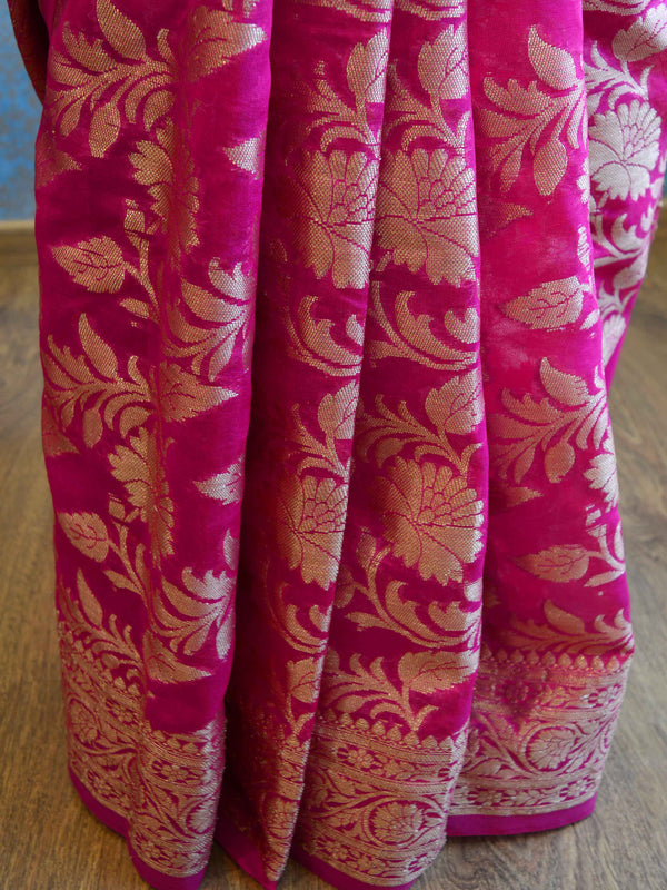Banarasee Handwoven Semi-Chiffon Saree With Zari Floral Jaal Design-Pink