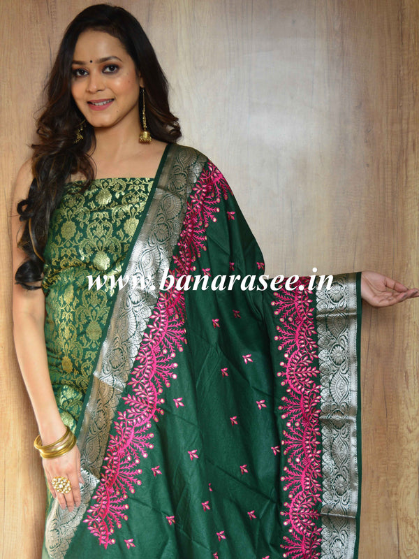 Banarasee Art Silk Salwar Kameez Fabric With Embroidered Chanderi Dupatta-Green