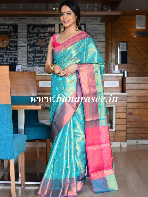 Banarasee Handwoven Contrast Border Saree With Self Weaving Design-Green