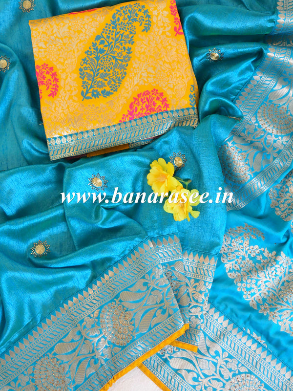 Banarasee Handwoven Semi-Katan Zari Buta & Border With Contrast Embroidered Blouse Saree-Blue