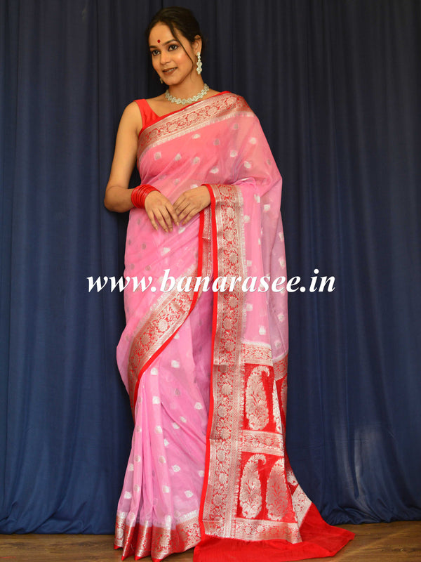 Banarasee Handwoven Semi-Chiffon Saree With Silver Zari Buti Design-Baby Pink & Red