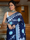 Bhagalpur Handloom Pure Linen Cotton Hand-Dyed Batik Pattern Saree-Blue