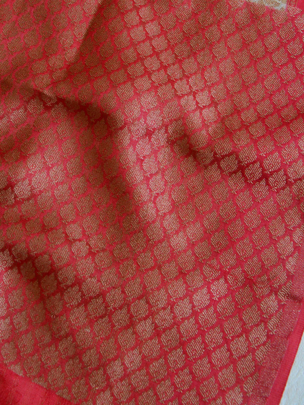 Banarasee Handwoven  Soft Semi Silk Saree With Contrast Border Design-White & Red