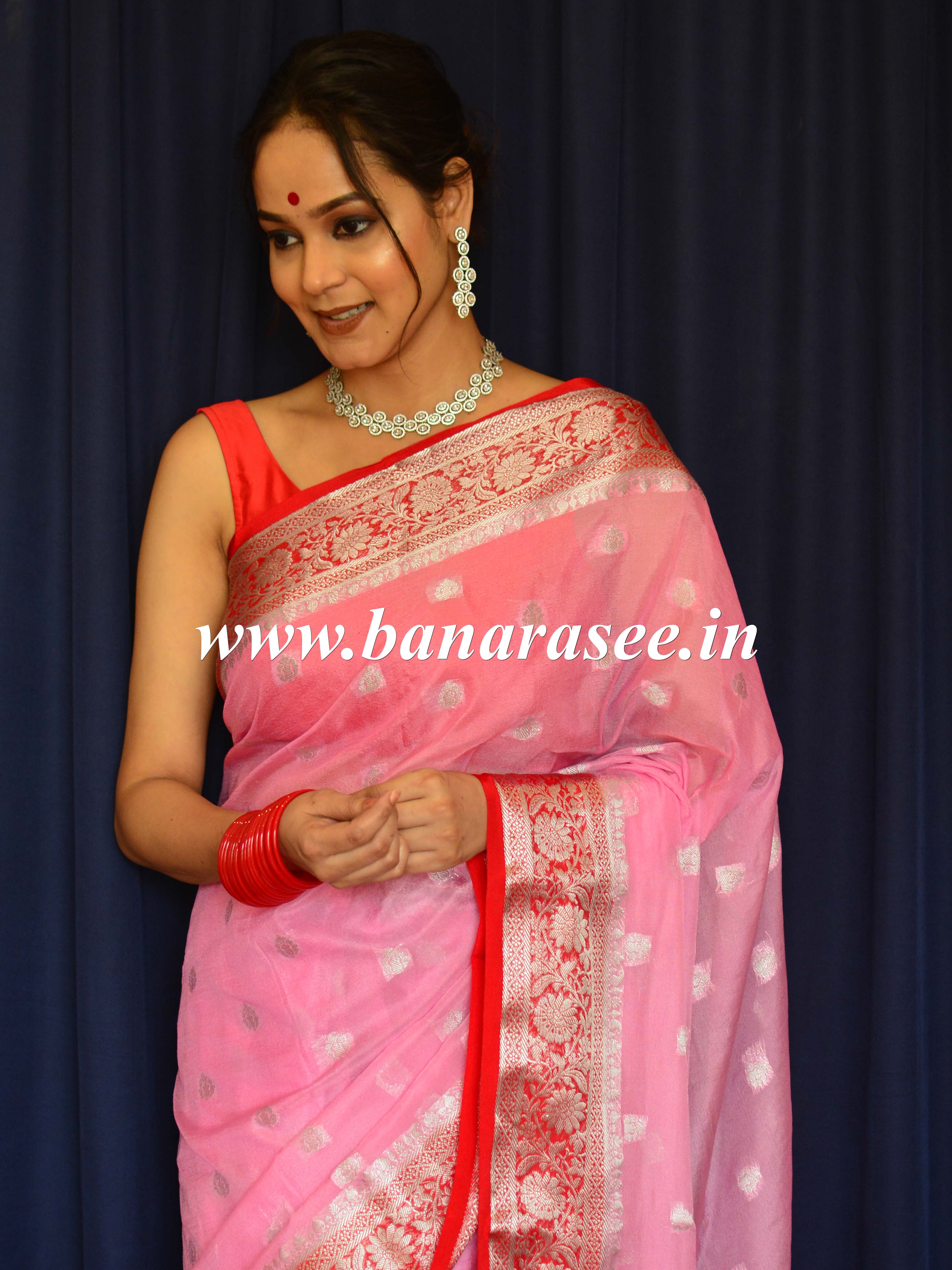 Banarasee Handwoven Semi-Chiffon Saree With Silver Zari Buti Design-Baby Pink & Red
