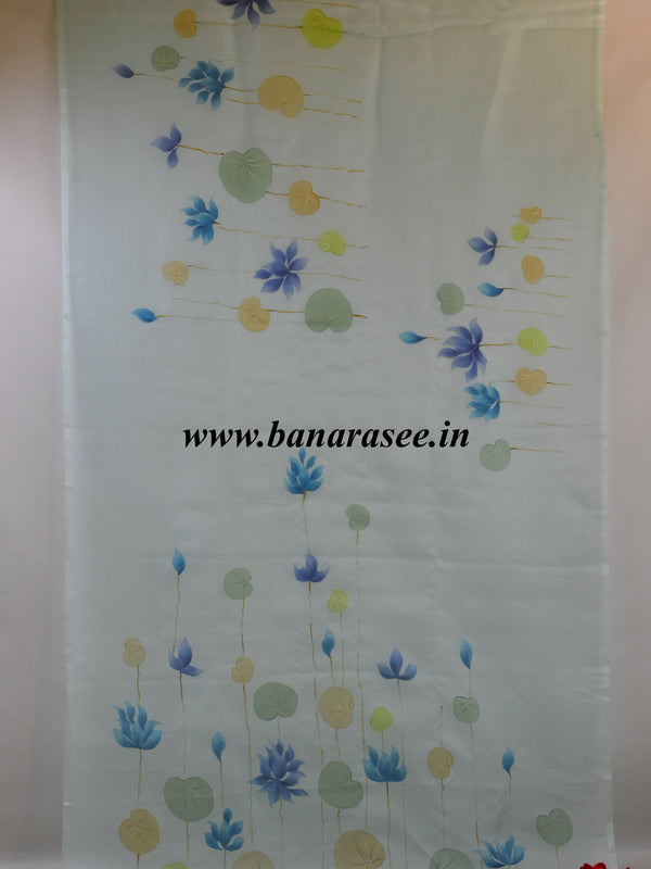 Banarasee Pure Organza Silk Saree With Hand-Paint Floral Design-Sky Blue