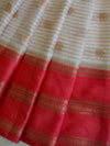 Banarasee Handwoven  Soft Semi Silk Saree With Contrast Border Design-White & Red