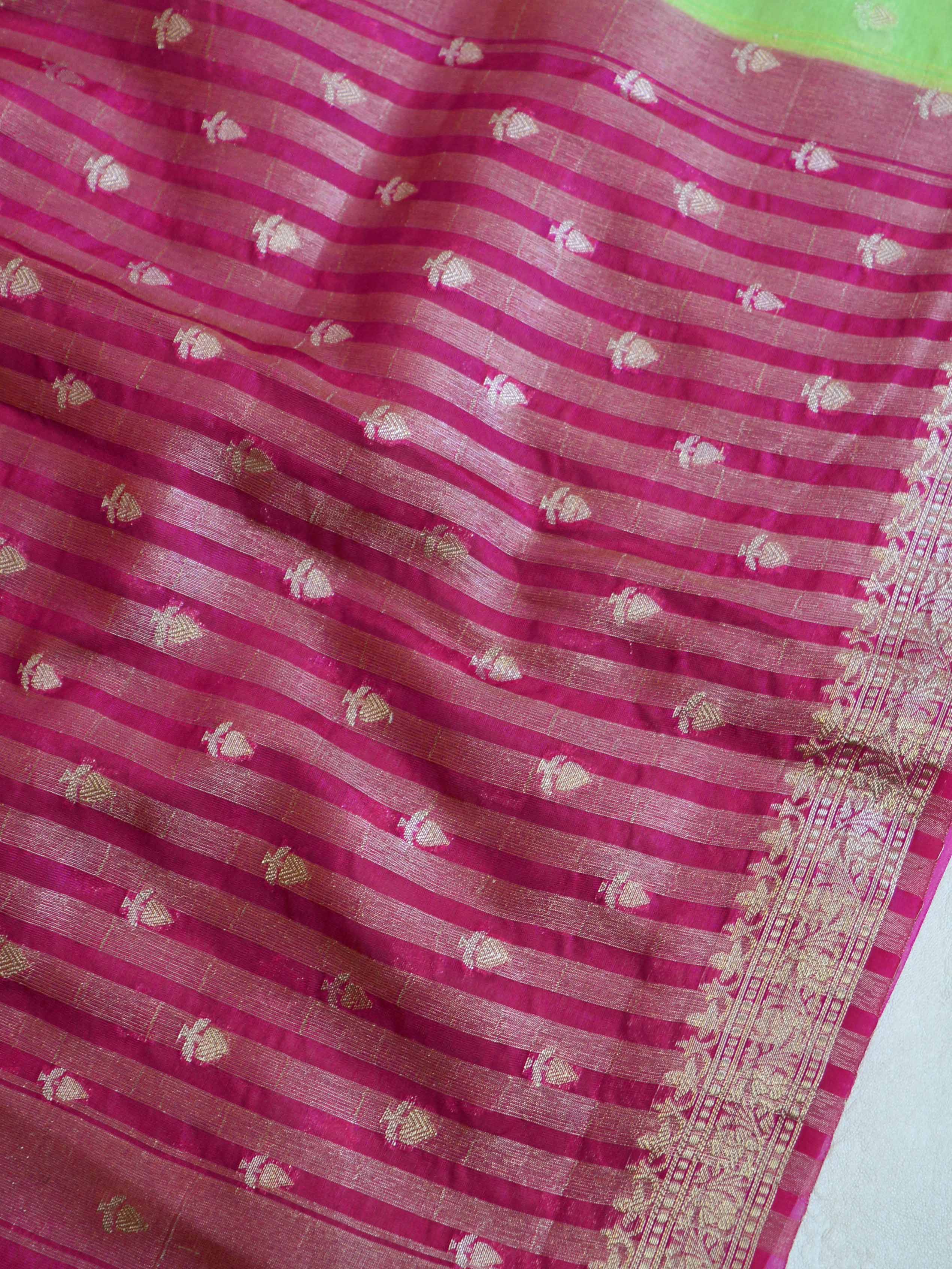 Banarasee Handwoven Semi Silk Saree With Meena Border Design-Mint Green