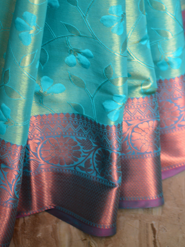 Banarasee Handwoven Contrast Border Saree With Self Weaving Design-Green