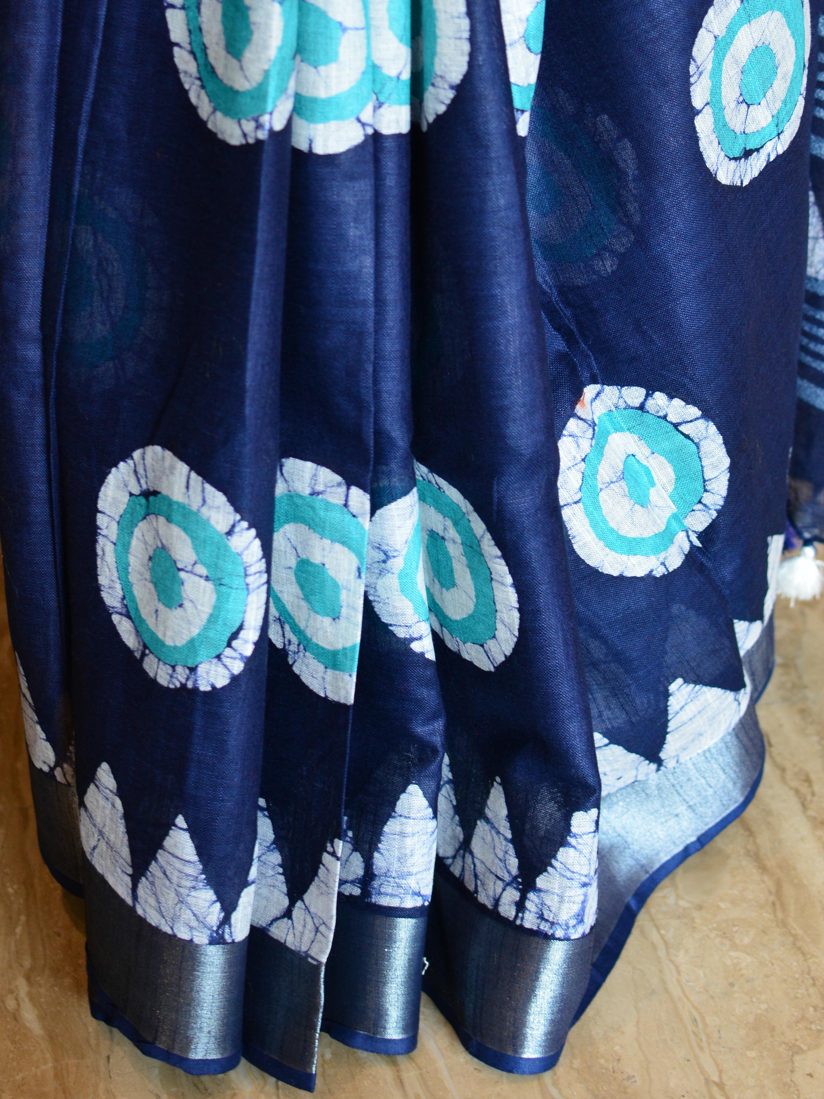 Bhagalpur Handloom Pure Linen Cotton Hand-Dyed Batik Pattern Saree-Blue