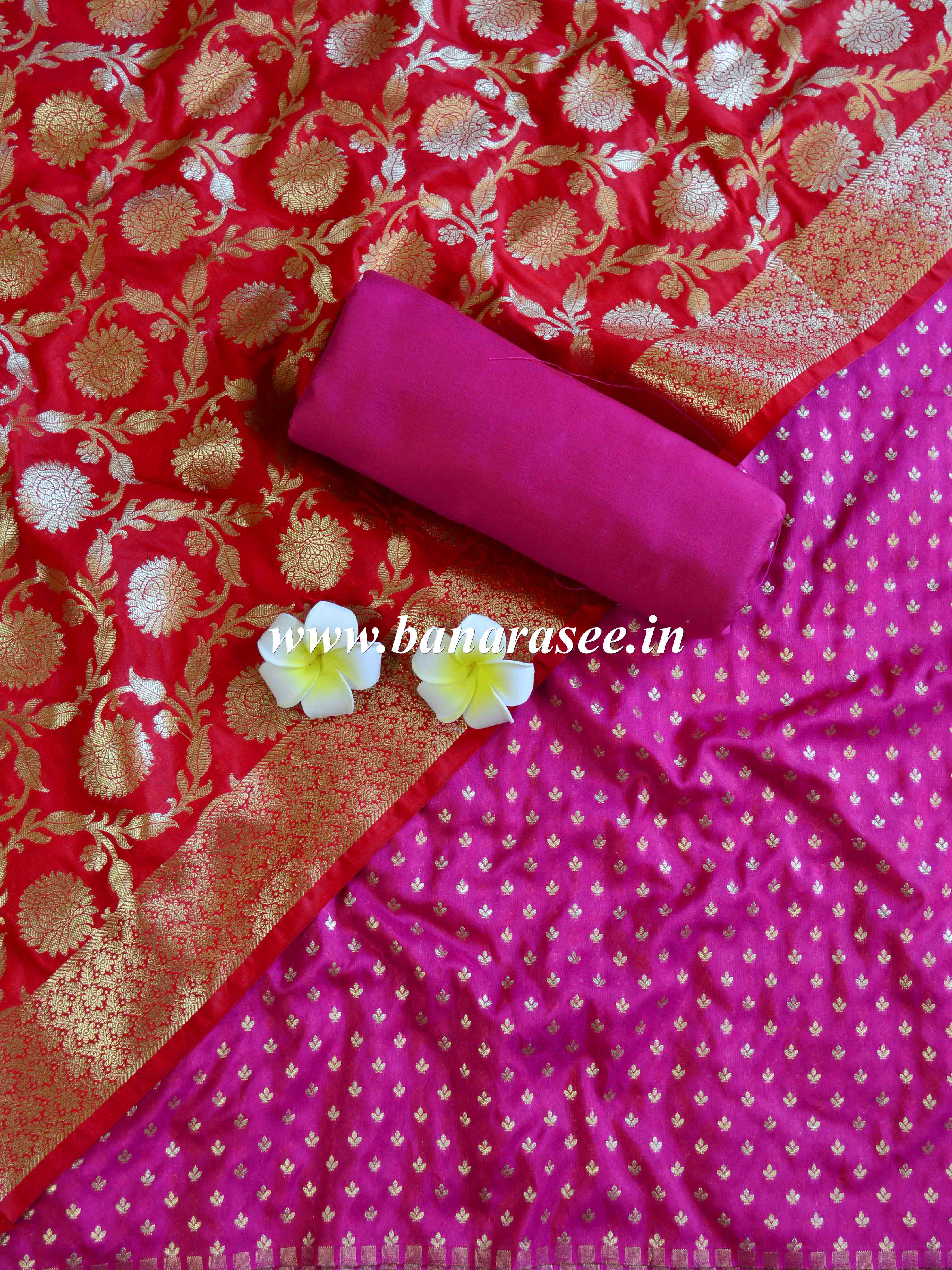 Banarasee Handwoven Semi Silk Salwar Kameez Fabric & Contrast Dupatta-Red & Pink