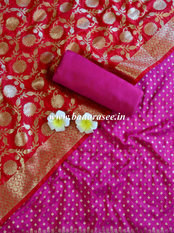 Banarasee Handwoven Semi Silk Salwar Kameez Fabric & Contrast Dupatta-Red & Pink