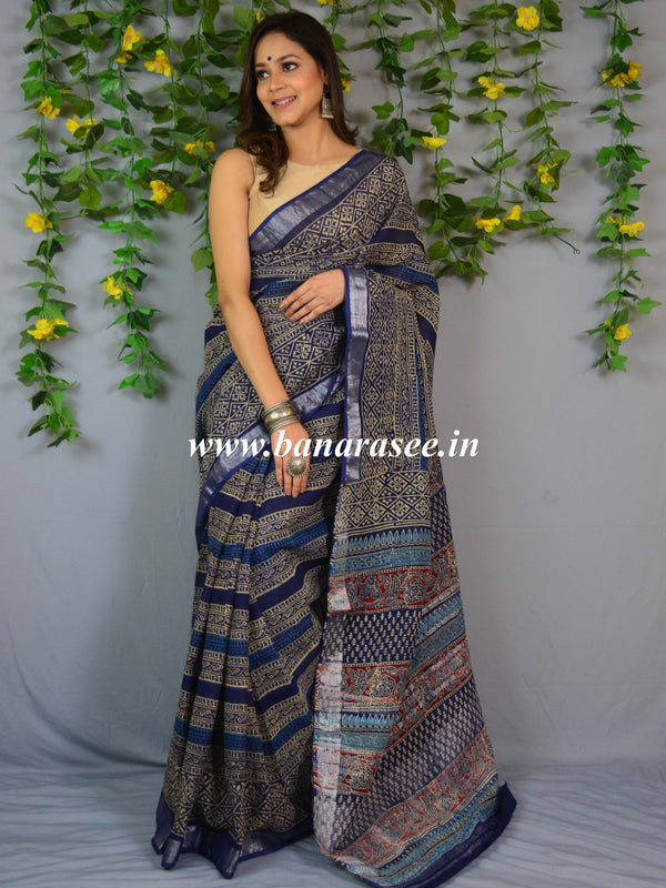 Banarasee Linen Cotton Bagru Hand-Block Printed Saree-Deep Blue